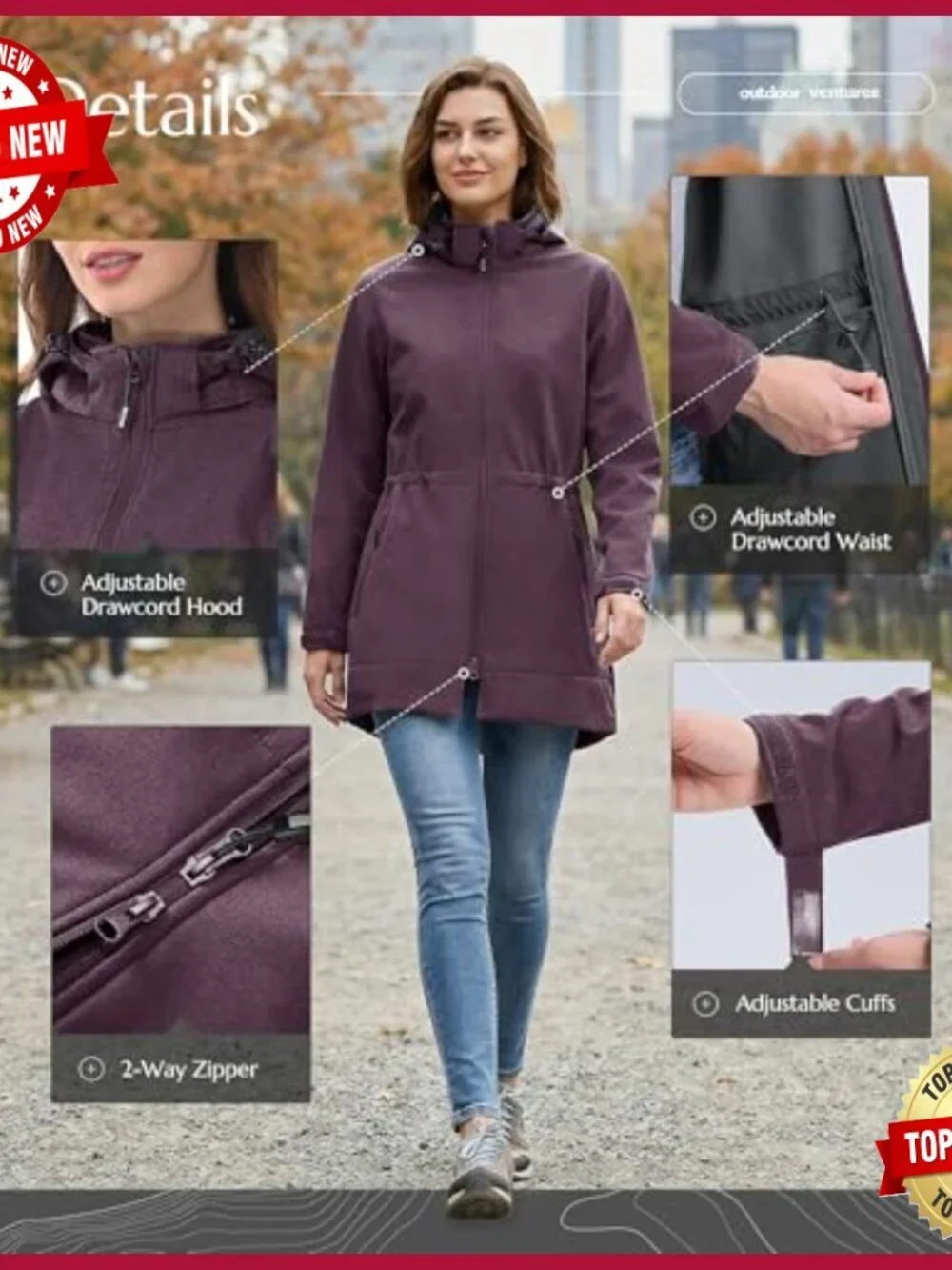 Women's Fleece Lined Softshell Jacket with Removable Hood Windproof Raincoat